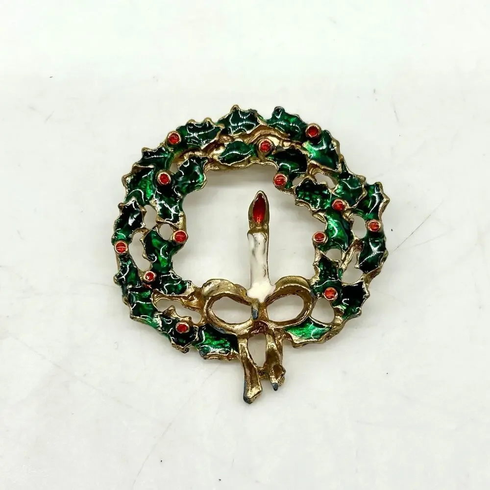 Vintage Christmas Wreath Brooch Candle Bow Holly Red Green White Enamel - Picture 4 of 7